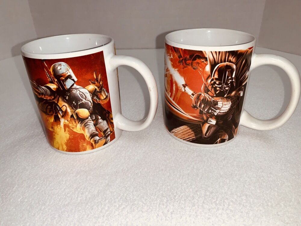2 STAR WARS Coffee Movie Mugs 2011 Boba Fett Han Solo Vader Skywalker Unused